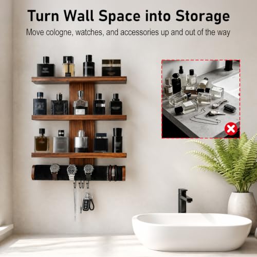 Wall Mounted Cologne Organizer with 3-Tier Shelves and Watch Bar