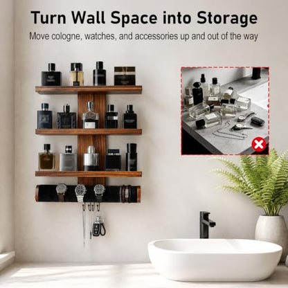 Wall Mounted Cologne Organizer with 3-Tier Shelves and Watch Bar