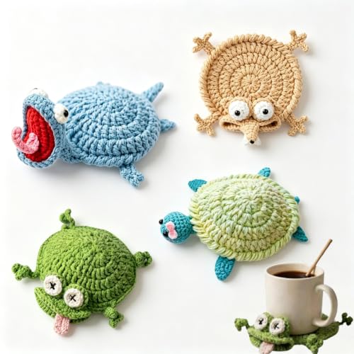 Crochet Animal Coasters Set - 4 Pcs Funny 3D Mug Rugs for Drink Protection - Variation of THIS listing