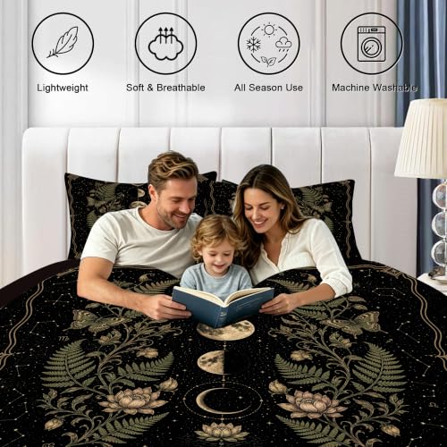 Moon Phase Queen Comforter Set - Celestial Bedding with Botanical Design - Variation Moon 01