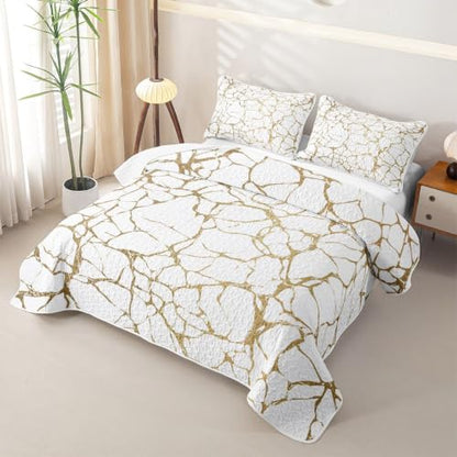White Gold Metallic Marble Twin Quilt Set - Lightweight All-Season Bedding
