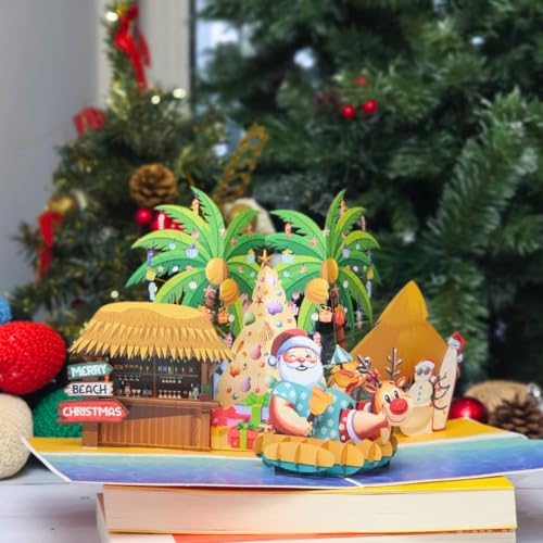 Tropical Pop Up Christmas Card with Envelope - 6x8 Inch Holiday Greeting Card for Kids, Family, Friends