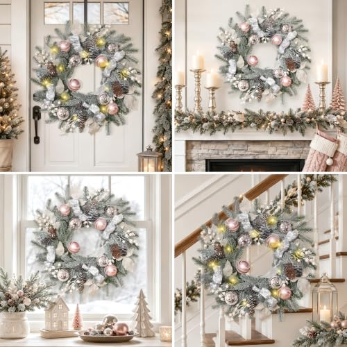 Elyum 20 Inch Christmas Wreath with Lights, Balls, Ribbon, Berries & Pine Cones - Front Door Holiday Decor