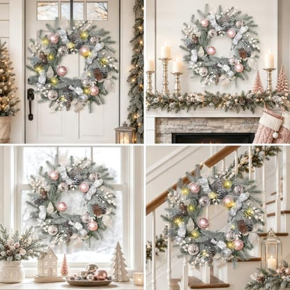 Elyum 20 Inch Christmas Wreath with Lights, Balls, Ribbon, Berries & Pine Cones - Front Door Holiday Decor
