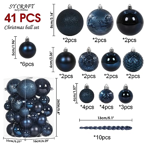 Dark Blue Christmas Ball Ornaments Set - 41 Shatterproof Holiday Decorations