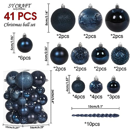 Dark Blue Christmas Ball Ornaments Set - 41 Shatterproof Holiday Decorations