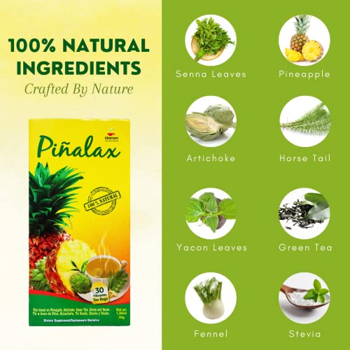 PINALAX Pineapple Piña 100% Natural Blend Detox-Tea promotes digestion | Artichoke, Green Tea, Stevia, Yacon, Senna, Horsetail, and Fennel | 30 Tea Bags