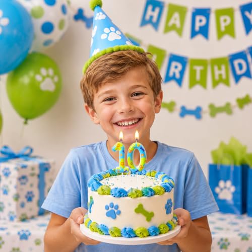 Dog Theme Birthday Number Candles for Cakes - Blue & Green Celebrations