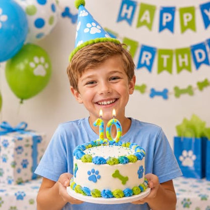 Dog Theme Birthday Number Candles for Cakes - Blue & Green Celebrations