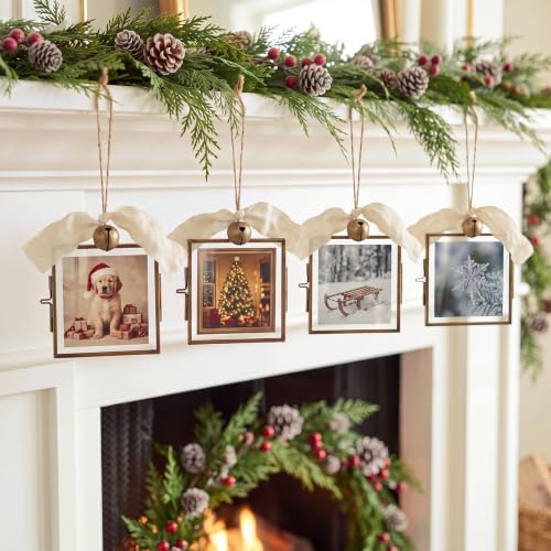 Vintage Brass Christmas Photo Frame Ornaments 3.2x3.2 Inches - Set of 4