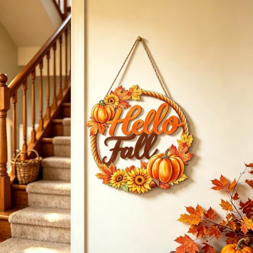 Fall Door Wreath Decor with Pumpkins Sunflowers & Hello Fall Sign