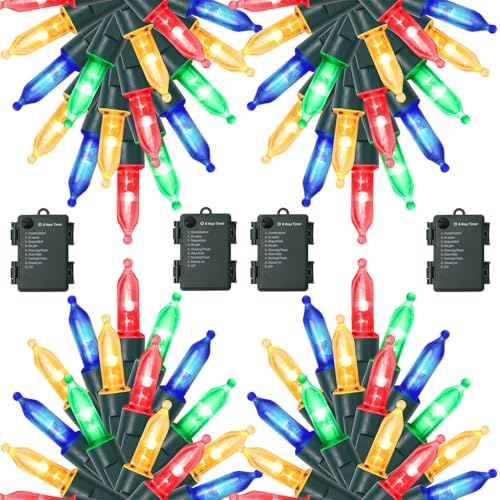 WATERGLIDE 4 Pack 50 LED Outdoor Christmas String Lights - Multicolor, 16ft Battery Operated, 8 Modes & Timer