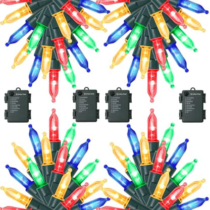 WATERGLIDE 4 Pack 50 LED Outdoor Christmas String Lights - Multicolor, 16ft Battery Operated, 8 Modes & Timer