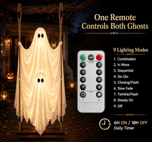 Outdoor Hanging Ghost Decorations, 5 FT Large Swinging Ghost Set for Halloween Yard