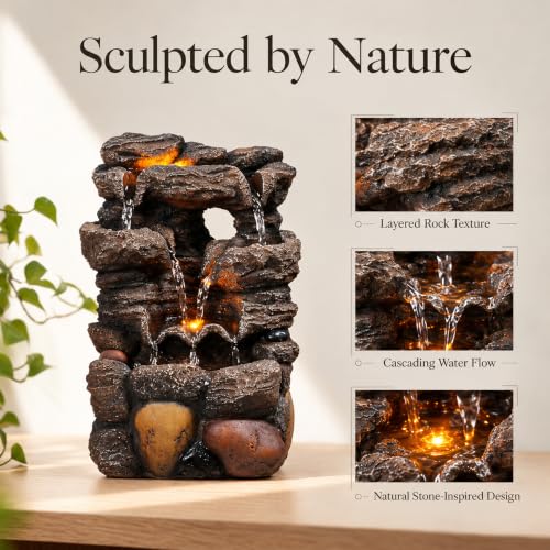 Small Resin Water Fountain with LED Lights - Desktop Indoor Waterfall