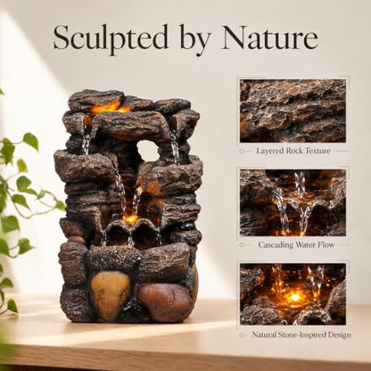 Small Resin Water Fountain with LED Lights - Desktop Indoor Waterfall