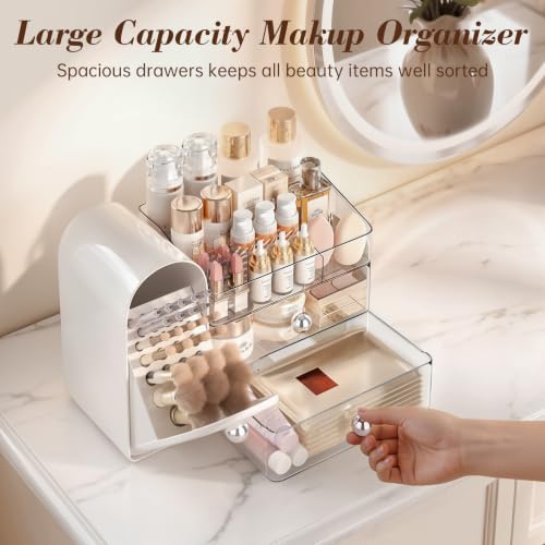 Large White Makeup Organizer with 27 Compartments and Detachable Trays - Retro Fridge Design