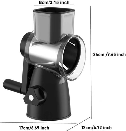 Rotary Cheese Grater - 3-in-1 Shredder with Hand Crank | Non-Slip Suction Base, Food Grade, Black