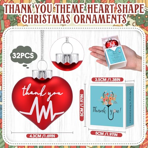 32 Pack Nurse Appreciation Heart Christmas Ornaments with Gift Boxes - Holiday Decorations