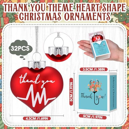32 Pack Nurse Appreciation Heart Christmas Ornaments with Gift Boxes - Holiday Decorations