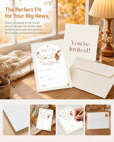 Fall Baby Shower Invitations with Envelopes - Autumn Teddy Design, 25 Pack