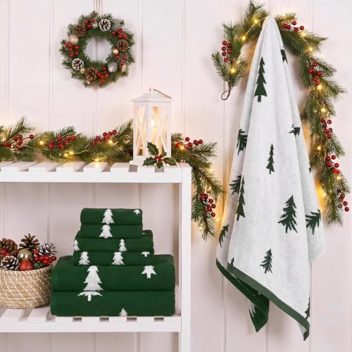 Christmas Tree Bath Towels Set - 6 Cotton Reversible Holiday Towels