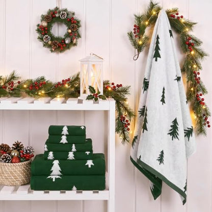 Christmas Tree Bath Towels Set - 6 Cotton Reversible Holiday Towels