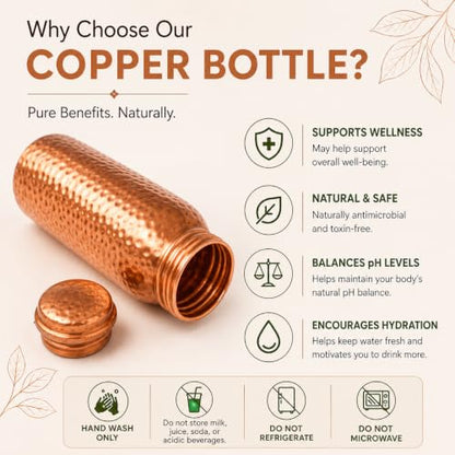 Pure Copper Water Bottle 34oz - Handcrafted Hammered Ayurvedic Drinking Bottle for Daily Hydration