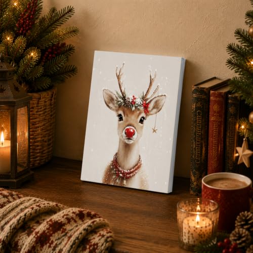 Christmas Reindeer Canvas Wall Art - 11x14 Inch Holiday Decor - Deer Variation