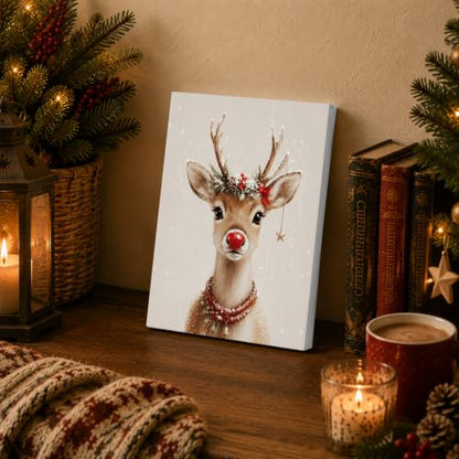Christmas Reindeer Canvas Wall Art - 11x14 Inch Holiday Decor - Deer Variation