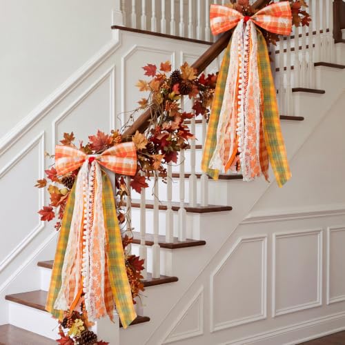 Fall Harvest Wreath Bow - Large Autumn Front Door Decor 27x13 Inches - Orange Variation