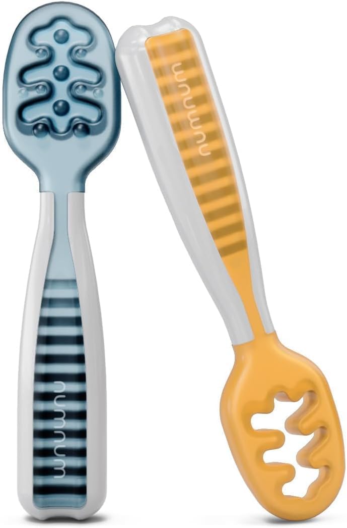 NumNum Baby Spoons Set - Pre-Spoon GOOtensils for 6+ Months | Silicone Toddler Utensils, BPA-Free, 2 Pack Blue/Orange