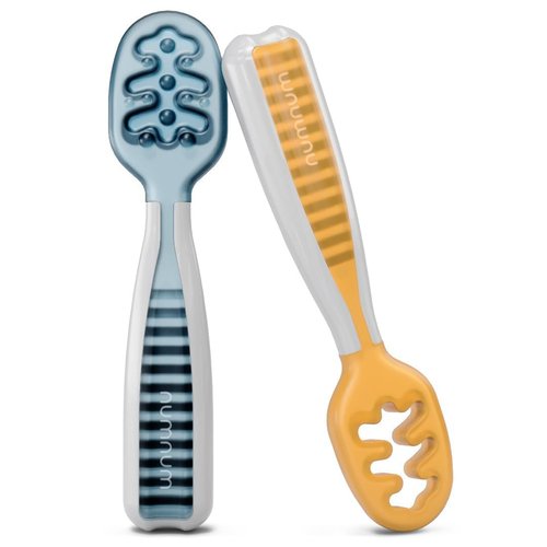 NumNum Baby Spoons Set, Baby Essentials Pre-Spoon GOOtensils for 6+ Months, First Stage Self-Feeding Spoons for Baby Led Weaning (BLW), Silicone Toddler Utensils, BPA-Free, 2 Pack Blue/Orange