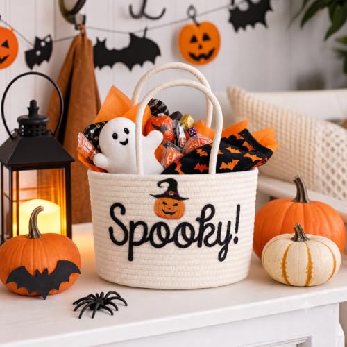 Personalized Halloween Trick or Treat Basket Ropestyle with Custom Name Cotton Rope Candy Bag - Kids Baby Nursery Gift