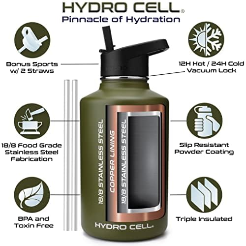 HYDRO CELL Stainless Steel Insulated Water Bottle with Straw - For Cold & Hot Drinks - Metal Vacuum Flask with Screw Cap and Modern Leakproof Sport Thermos for Kids & Adults (Army 64oz)