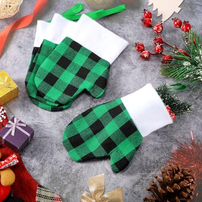 Mini Hanging Christmas Stockings Set - Green Black Plaid & White Trim, 12 Pack