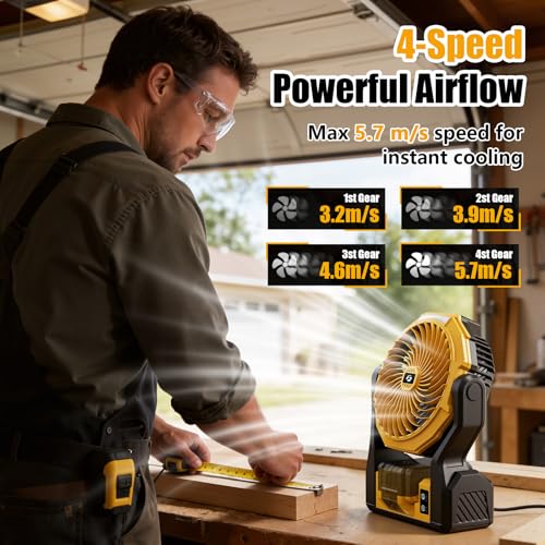 Yellow Battery-Operated Portable Fan for Dewalt 20V Max - 4 Speeds & Lights