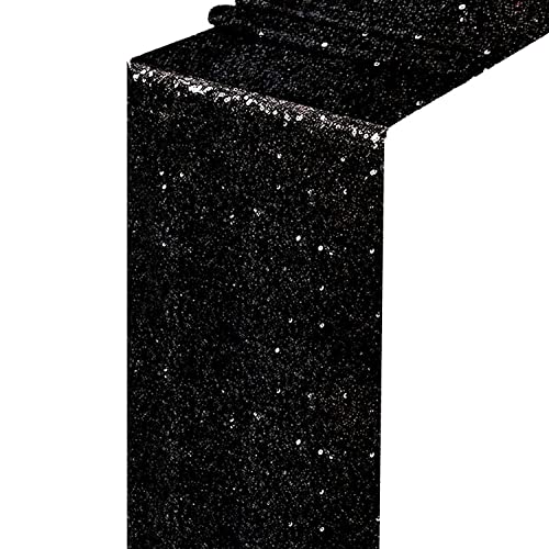 Black Sequin Table Runner 12x72 Inch - Glitter Shiny Fabric for Events & Weddings - 1 Pack
