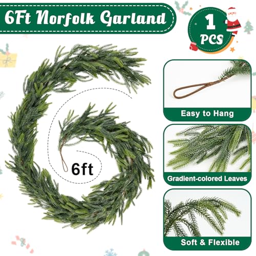 6Ft Faux Norfolk Pine Garland - Realistic Holiday Decor, Indoor & Outdoor