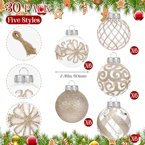 30 Pcs Farmhouse Champagne Christmas Ornaments - Rustic Shatterproof Decorative Balls for Tree & Holiday Decor