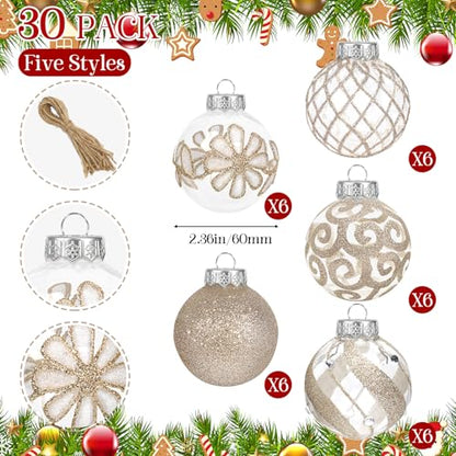 30 Pcs Farmhouse Champagne Christmas Ornaments - Rustic Shatterproof Decorative Balls for Tree & Holiday Decor