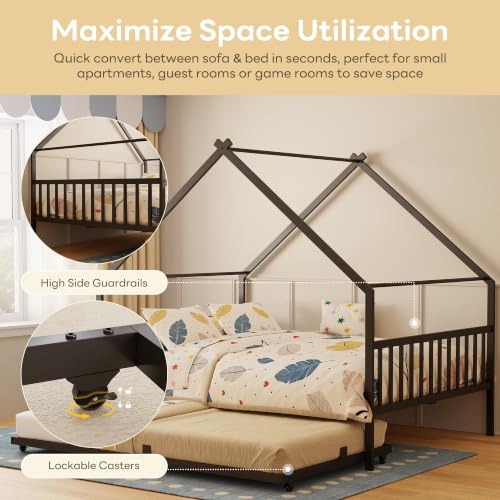 Full Daybed with Trundle House Style Black Metal Frame for Bedroom