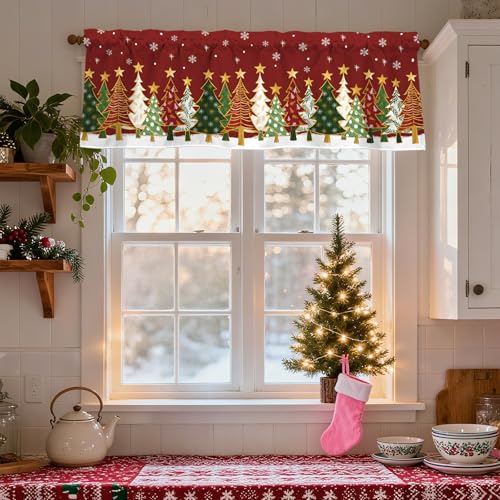 Christmas Window Valance 54x18 Inch Red Snowflakes & Trees Festive Curtain Pack of 1