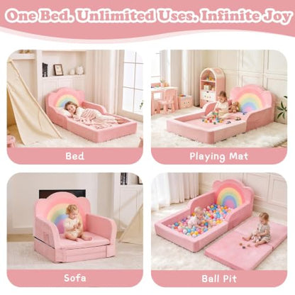 Pink Toddler Floor Bed and Kids Sofa - No Assembly Needed, Soft Foam