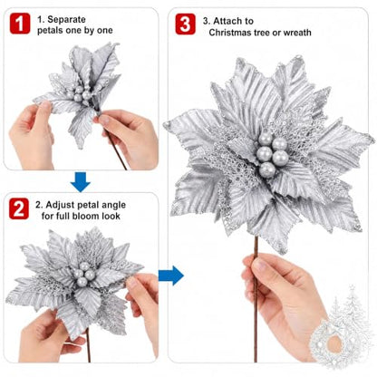 Artificial Poinsettia Flower for Christmas Tree Decoration - Silver, 11 Inch