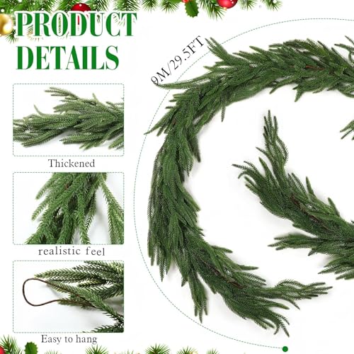 29.5 ft Artificial Norfolk Pine Garland Christmas Decor with Ribbons & Bells