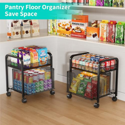 2-Tier Rolling Pantry Organizer Cart with Mesh Drawer - Black