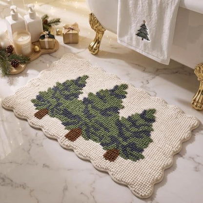 Junkin Christmas Tree Bathroom Rug - Scalloped Chenille Non-Slip Bath Mat