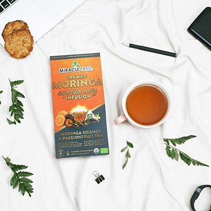 Miracle Tree's Moringa Energy Tea - Orange & Passionfruit | Super Caffeinated Blend | Healthy Coffee Alternative, Perfect for Focus | Organic Certified & Non-GMO | 3 X 16 Pyramid Sachets