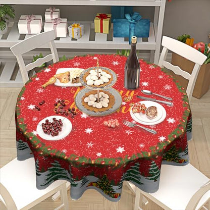 Kawani Christmas Red Tablecloth 60 Inch Round Snowflake & Tree Design - Holiday Kitchen Decor